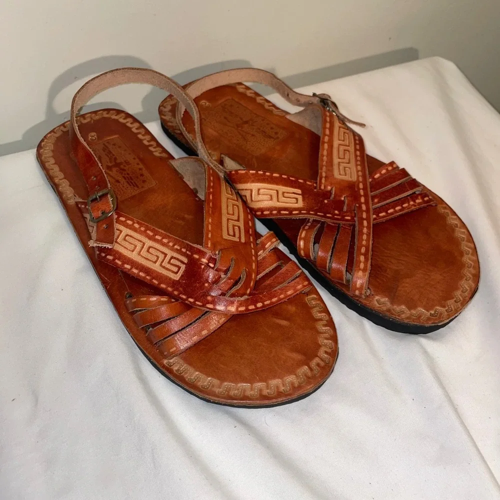 Don Porfirio Leather Huarache Sandals Tan Greek Key Etched Mens 8